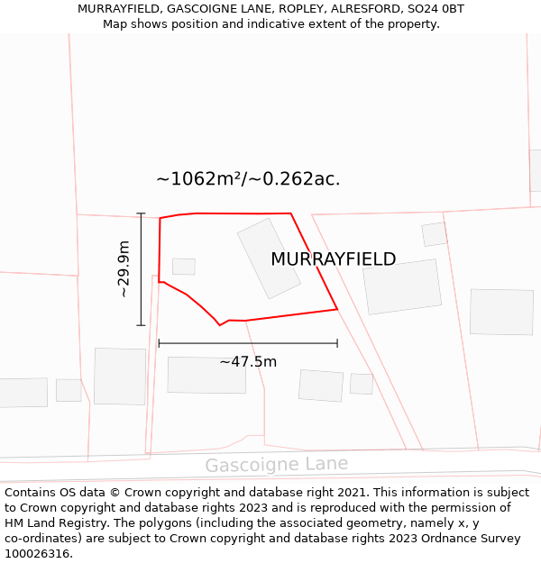 MURRAYFIELD, GASCOIGNE LANE, ROPLEY, ALRESFORD, SO24 0BT: Plot and title map