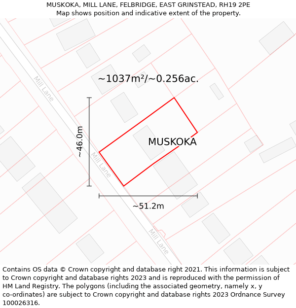 MUSKOKA, MILL LANE, FELBRIDGE, EAST GRINSTEAD, RH19 2PE: Plot and title map