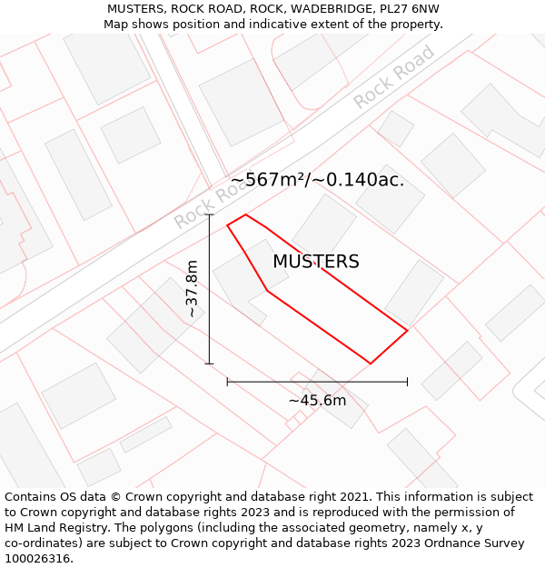 MUSTERS, ROCK ROAD, ROCK, WADEBRIDGE, PL27 6NW: Plot and title map