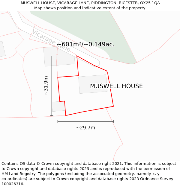 MUSWELL HOUSE, VICARAGE LANE, PIDDINGTON, BICESTER, OX25 1QA: Plot and title map