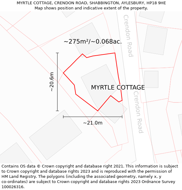 MYRTLE COTTAGE, CRENDON ROAD, SHABBINGTON, AYLESBURY, HP18 9HE: Plot and title map