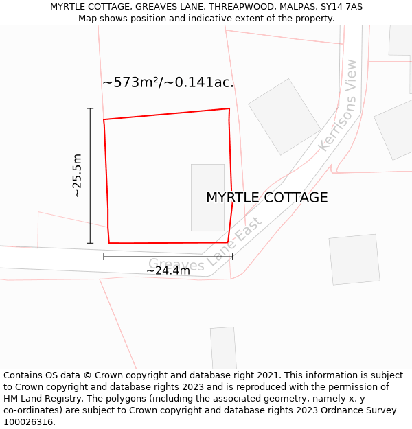 MYRTLE COTTAGE, GREAVES LANE, THREAPWOOD, MALPAS, SY14 7AS: Plot and title map