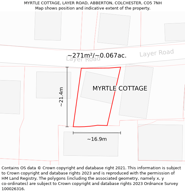 MYRTLE COTTAGE, LAYER ROAD, ABBERTON, COLCHESTER, CO5 7NH: Plot and title map