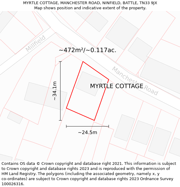 MYRTLE COTTAGE, MANCHESTER ROAD, NINFIELD, BATTLE, TN33 9JX: Plot and title map