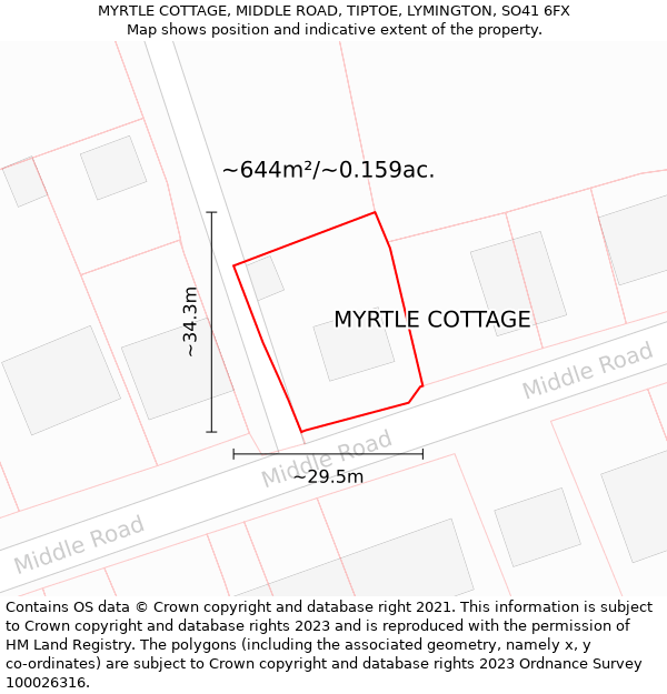 MYRTLE COTTAGE, MIDDLE ROAD, TIPTOE, LYMINGTON, SO41 6FX: Plot and title map