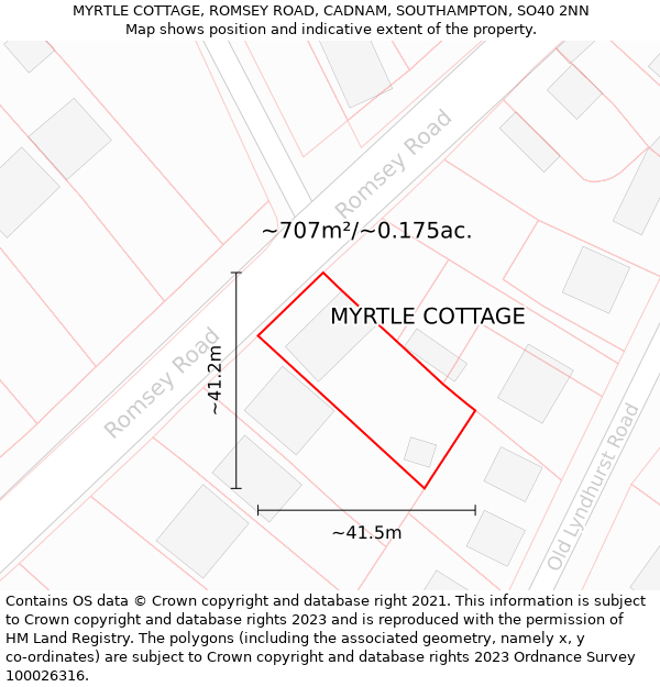 MYRTLE COTTAGE, ROMSEY ROAD, CADNAM, SOUTHAMPTON, SO40 2NN: Plot and title map