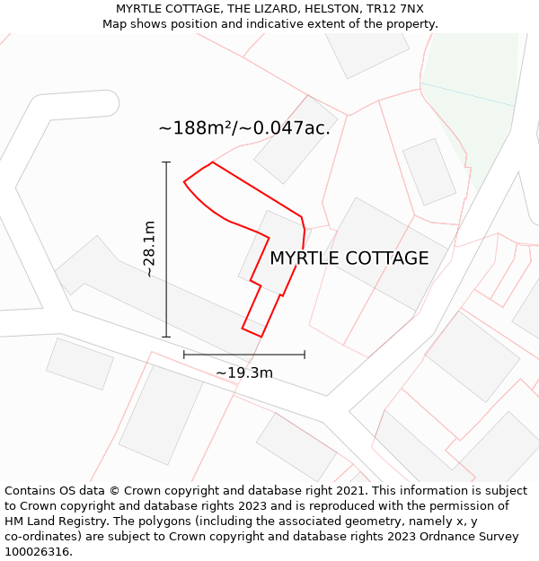 MYRTLE COTTAGE, THE LIZARD, HELSTON, TR12 7NX: Plot and title map