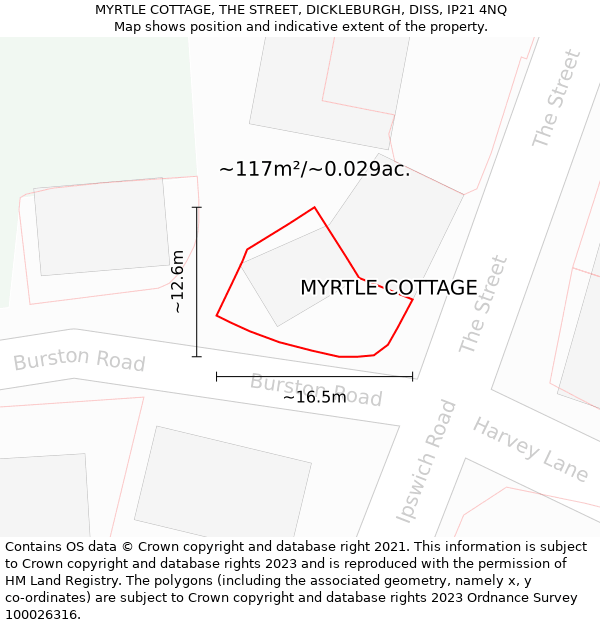 MYRTLE COTTAGE, THE STREET, DICKLEBURGH, DISS, IP21 4NQ: Plot and title map