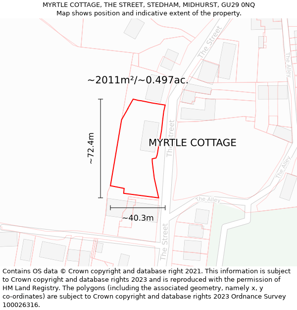 MYRTLE COTTAGE, THE STREET, STEDHAM, MIDHURST, GU29 0NQ: Plot and title map