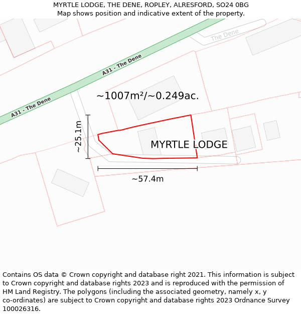 MYRTLE LODGE, THE DENE, ROPLEY, ALRESFORD, SO24 0BG: Plot and title map