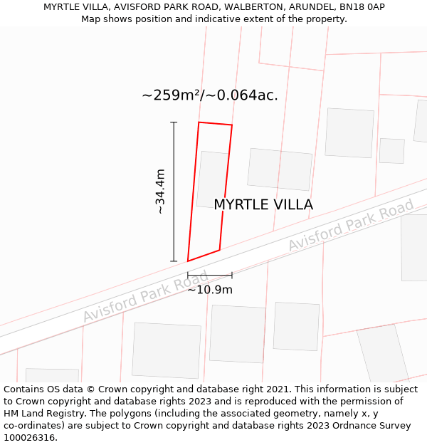 MYRTLE VILLA, AVISFORD PARK ROAD, WALBERTON, ARUNDEL, BN18 0AP: Plot and title map