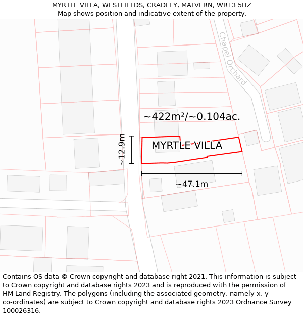 MYRTLE VILLA, WESTFIELDS, CRADLEY, MALVERN, WR13 5HZ: Plot and title map