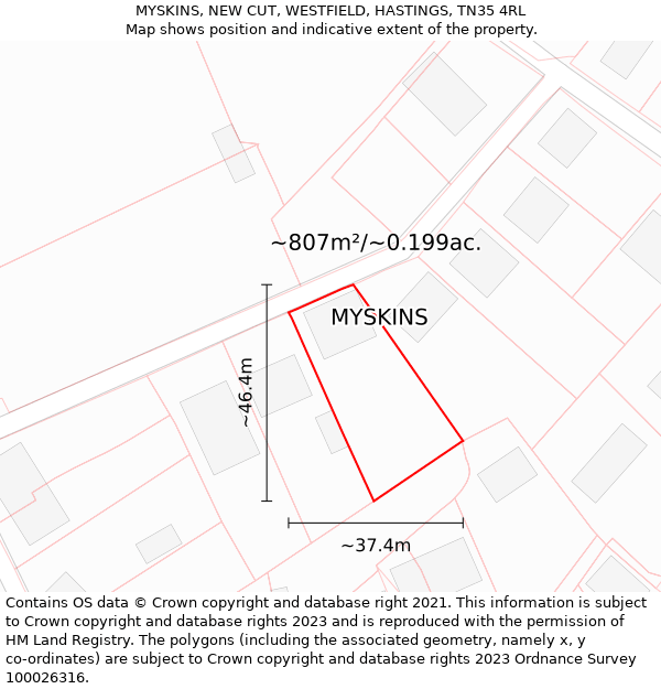 MYSKINS, NEW CUT, WESTFIELD, HASTINGS, TN35 4RL: Plot and title map