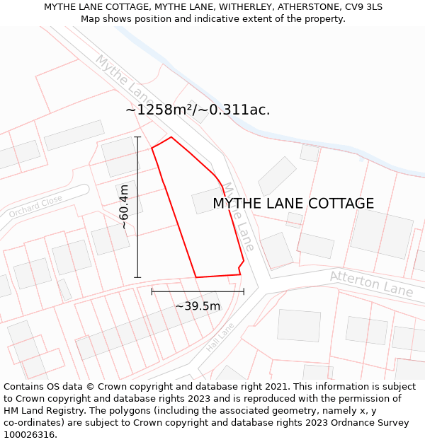 MYTHE LANE COTTAGE, MYTHE LANE, WITHERLEY, ATHERSTONE, CV9 3LS: Plot and title map