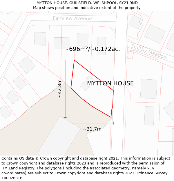 MYTTON HOUSE, GUILSFIELD, WELSHPOOL, SY21 9ND: Plot and title map