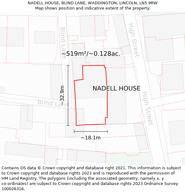 NADELL HOUSE, BLIND LANE, WADDINGTON, LINCOLN, LN5 9RW: Plot and title map