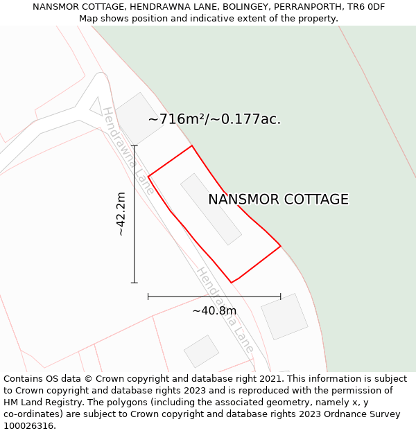 NANSMOR COTTAGE, HENDRAWNA LANE, BOLINGEY, PERRANPORTH, TR6 0DF: Plot and title map