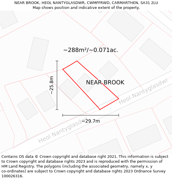 NEAR BROOK, HEOL NANTYGLASDWR, CWMFFRWD, CARMARTHEN, SA31 2LU: Plot and title map