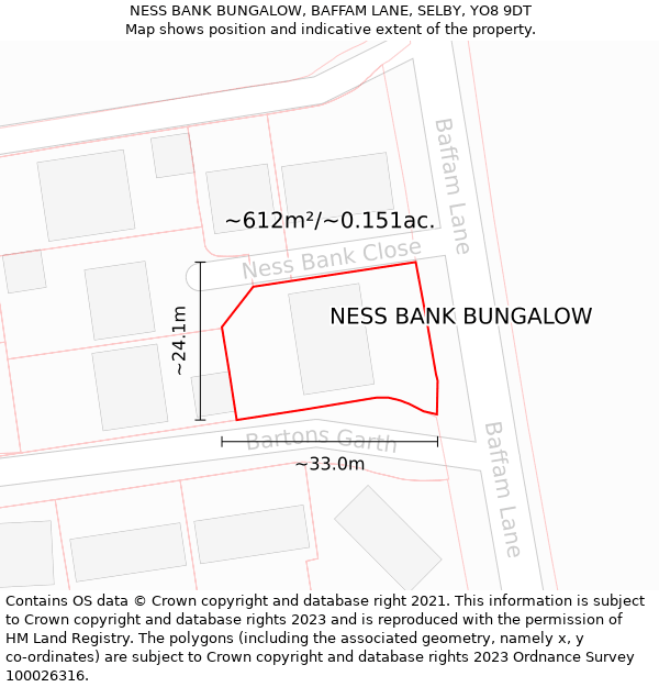 NESS BANK BUNGALOW, BAFFAM LANE, SELBY, YO8 9DT: Plot and title map