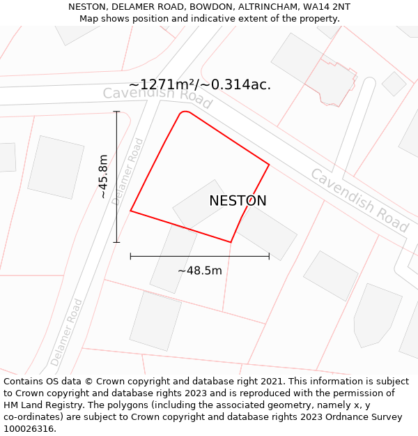 NESTON, DELAMER ROAD, BOWDON, ALTRINCHAM, WA14 2NT: Plot and title map