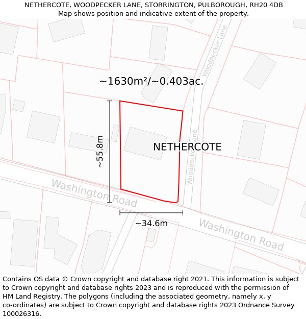 NETHERCOTE, WOODPECKER LANE, STORRINGTON, PULBOROUGH, RH20 4DB: Plot and title map