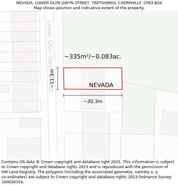 NEVADA, LOWER GLYN GWYN STREET, TRETHOMAS, CAERPHILLY, CF83 8GA: Plot and title map