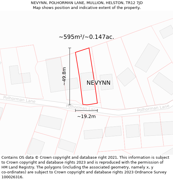 NEVYNN, POLHORMAN LANE, MULLION, HELSTON, TR12 7JD: Plot and title map