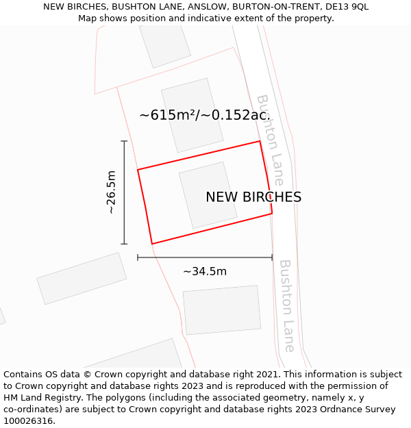 NEW BIRCHES, BUSHTON LANE, ANSLOW, BURTON-ON-TRENT, DE13 9QL: Plot and title map