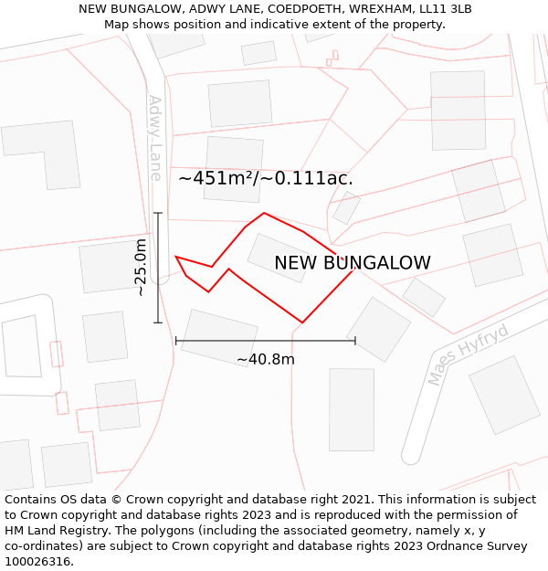 NEW BUNGALOW, ADWY LANE, COEDPOETH, WREXHAM, LL11 3LB: Plot and title map