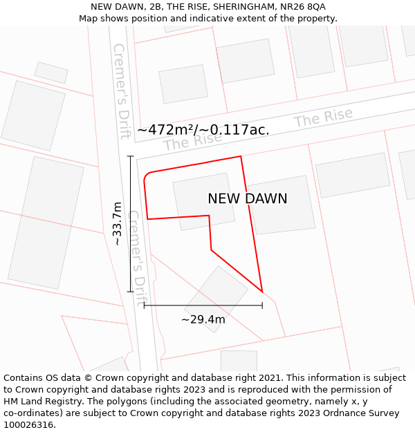NEW DAWN, 2B, THE RISE, SHERINGHAM, NR26 8QA: Plot and title map