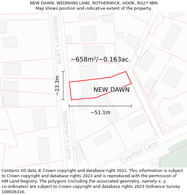 NEW DAWN, WEDMANS LANE, ROTHERWICK, HOOK, RG27 9BN: Plot and title map