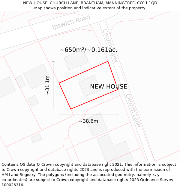 NEW HOUSE, CHURCH LANE, BRANTHAM, MANNINGTREE, CO11 1QD: Plot and title map