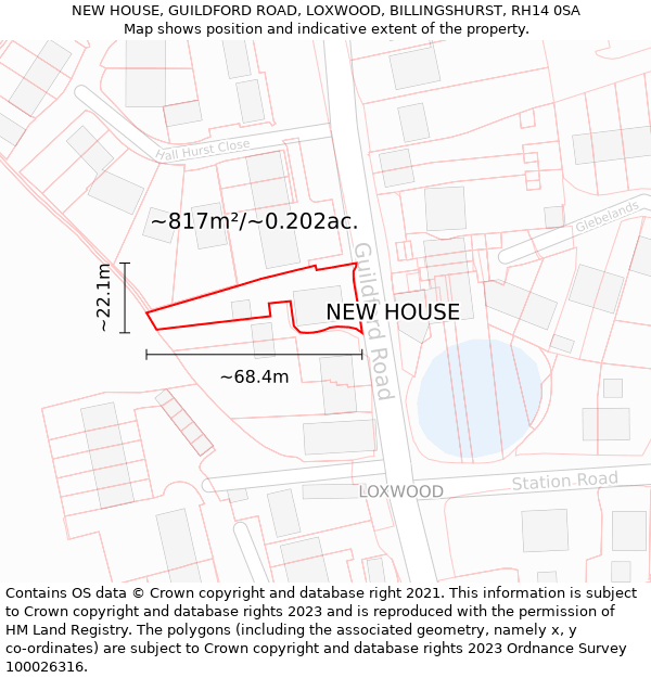 NEW HOUSE, GUILDFORD ROAD, LOXWOOD, BILLINGSHURST, RH14 0SA: Plot and title map