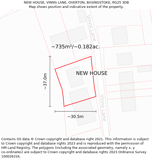 NEW HOUSE, VINNS LANE, OVERTON, BASINGSTOKE, RG25 3DB: Plot and title map