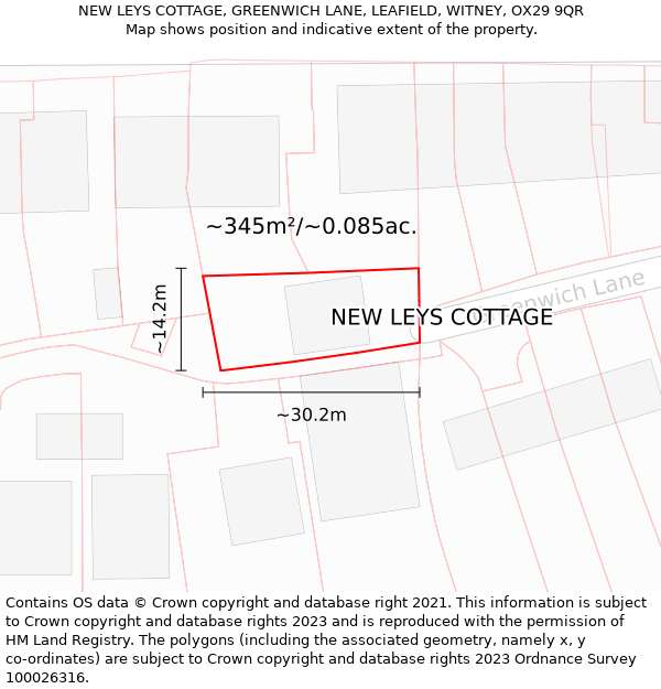 NEW LEYS COTTAGE, GREENWICH LANE, LEAFIELD, WITNEY, OX29 9QR: Plot and title map