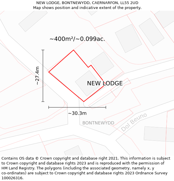 NEW LODGE, BONTNEWYDD, CAERNARFON, LL55 2UD: Plot and title map