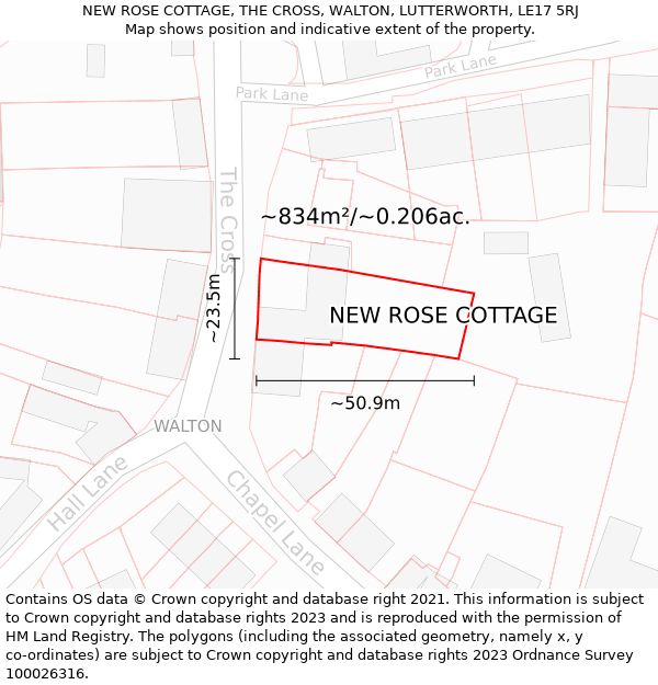 NEW ROSE COTTAGE, THE CROSS, WALTON, LUTTERWORTH, LE17 5RJ: Plot and title map