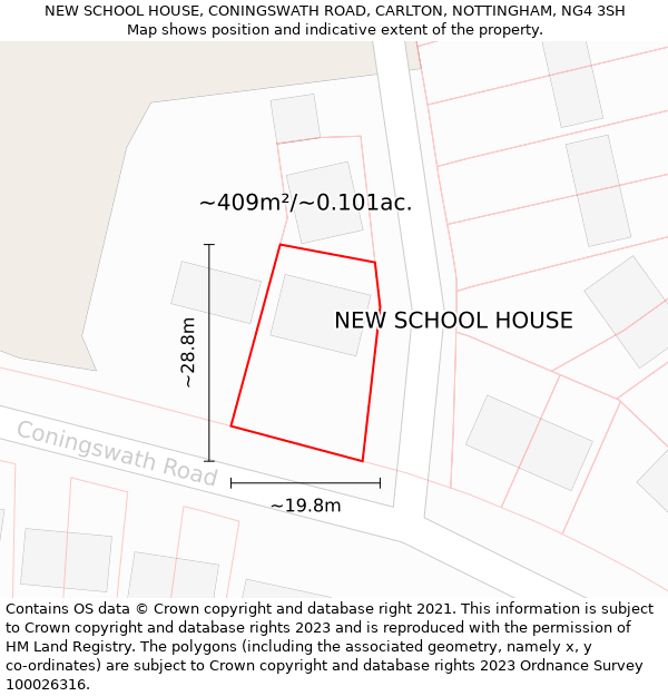 NEW SCHOOL HOUSE, CONINGSWATH ROAD, CARLTON, NOTTINGHAM, NG4 3SH: Plot and title map