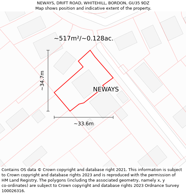 NEWAYS, DRIFT ROAD, WHITEHILL, BORDON, GU35 9DZ: Plot and title map