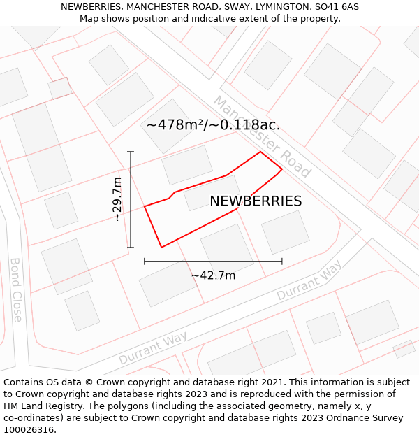 NEWBERRIES, MANCHESTER ROAD, SWAY, LYMINGTON, SO41 6AS: Plot and title map