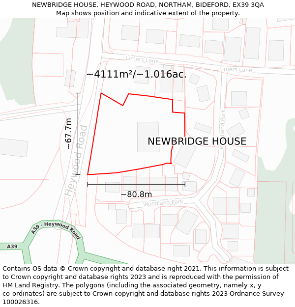 NEWBRIDGE HOUSE, HEYWOOD ROAD, NORTHAM, BIDEFORD, EX39 3QA: Plot and title map