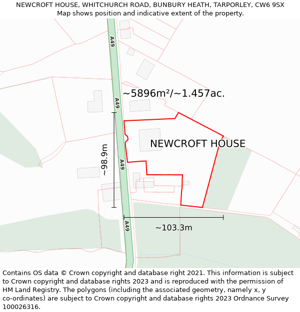 NEWCROFT HOUSE, WHITCHURCH ROAD, BUNBURY HEATH, TARPORLEY, CW6 9SX: Plot and title map