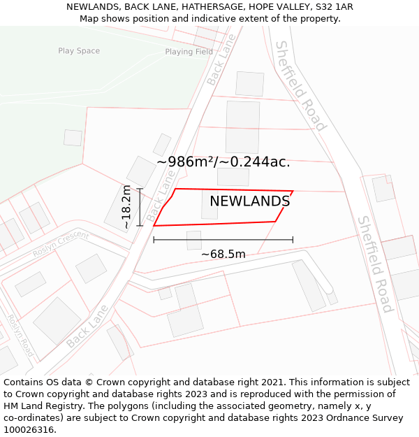 NEWLANDS, BACK LANE, HATHERSAGE, HOPE VALLEY, S32 1AR: Plot and title map