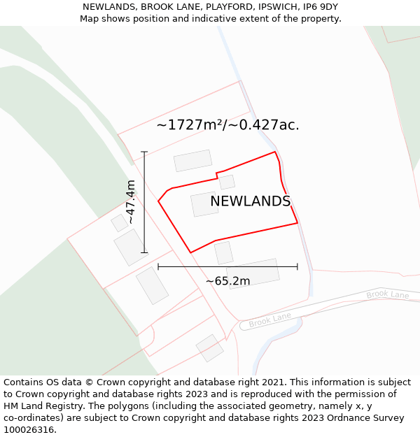 NEWLANDS, BROOK LANE, PLAYFORD, IPSWICH, IP6 9DY: Plot and title map