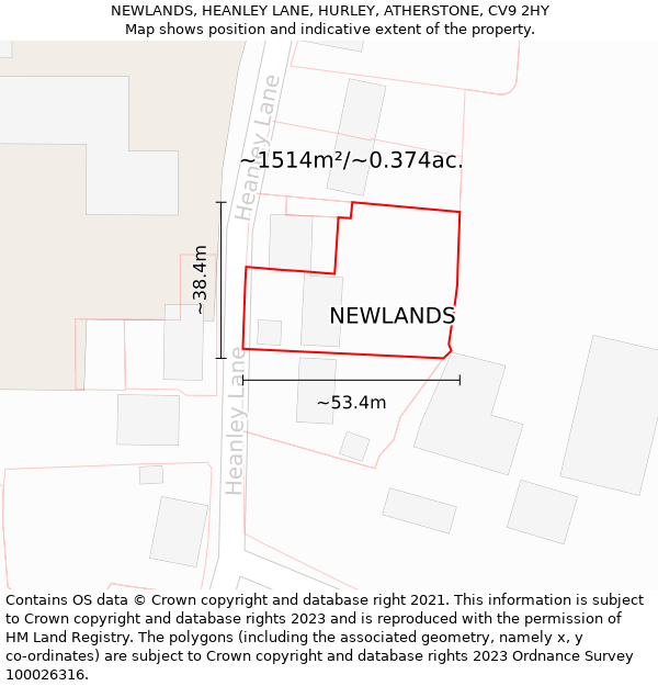 NEWLANDS, HEANLEY LANE, HURLEY, ATHERSTONE, CV9 2HY: Plot and title map