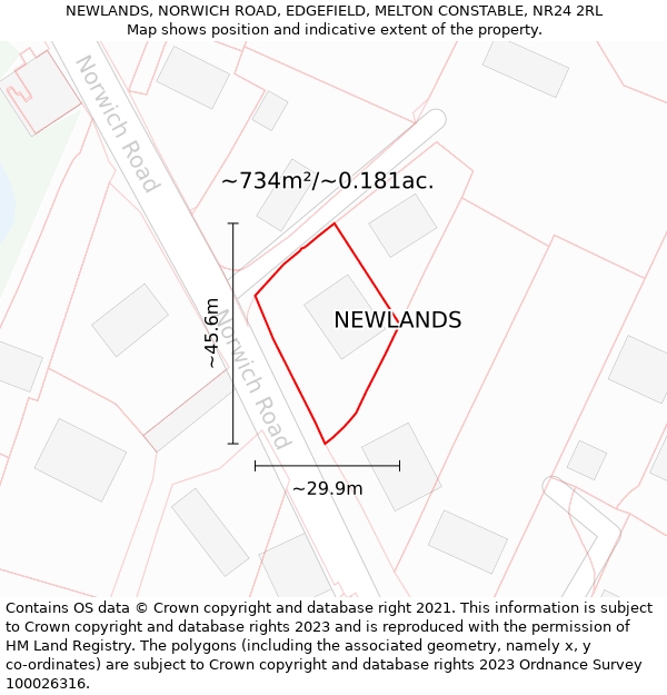 NEWLANDS, NORWICH ROAD, EDGEFIELD, MELTON CONSTABLE, NR24 2RL: Plot and title map