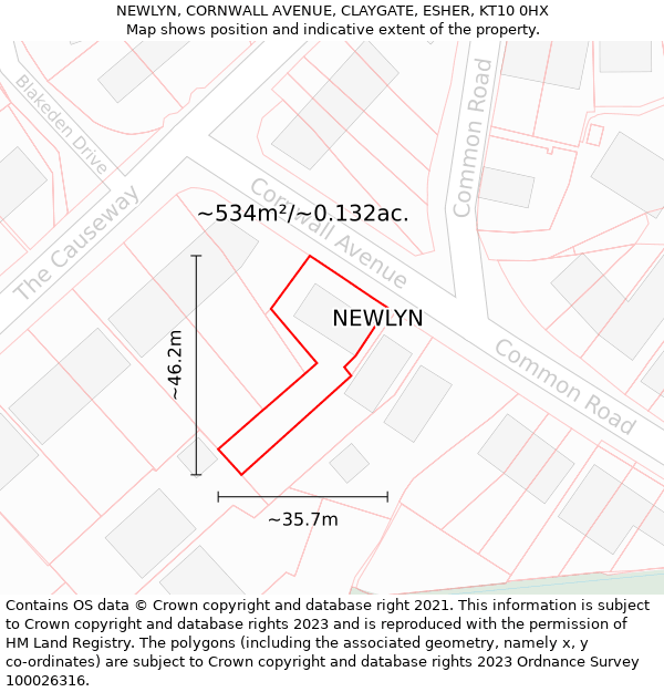 NEWLYN, CORNWALL AVENUE, CLAYGATE, ESHER, KT10 0HX: Plot and title map