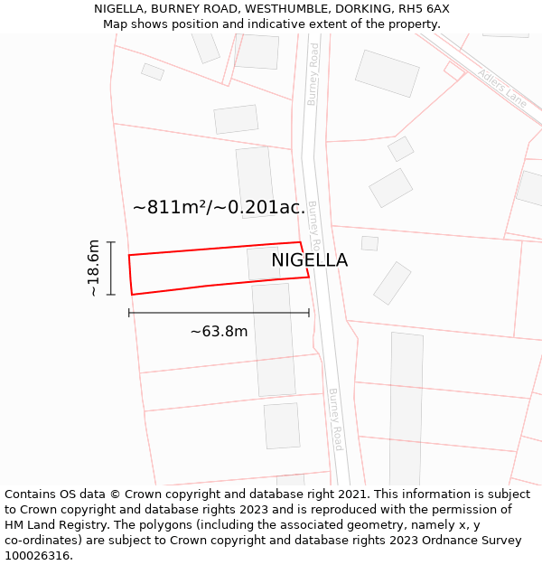 NIGELLA, BURNEY ROAD, WESTHUMBLE, DORKING, RH5 6AX: Plot and title map