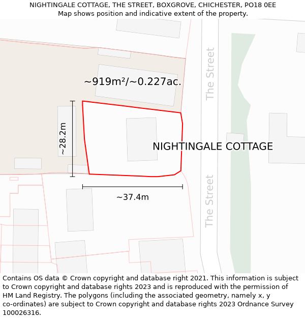 NIGHTINGALE COTTAGE, THE STREET, BOXGROVE, CHICHESTER, PO18 0EE: Plot and title map