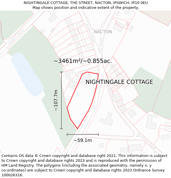 NIGHTINGALE COTTAGE, THE STREET, NACTON, IPSWICH, IP10 0EU: Plot and title map
